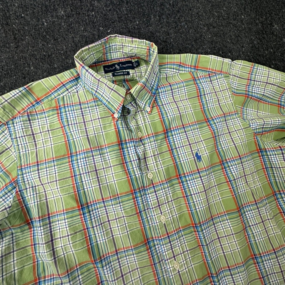 Vtg Y2K Ralph Lauren Plaid Shirt Mens Large Classic Fit Short Sleeve Lime Green